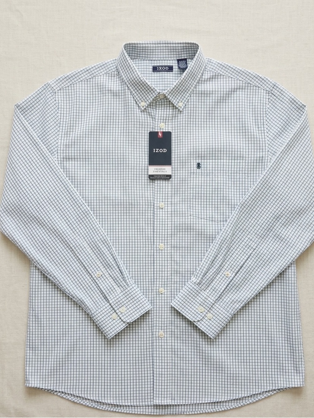 Izod Men’s White and Navy Check Casual Button-Down Shirt